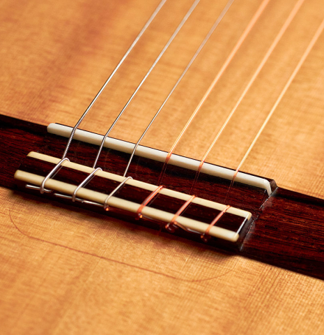The saddle and the bridge of a a 2015 Andy Culpepper flamenco guitar made with cedar and cypress wood.