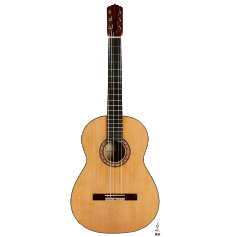 The front of a 2024 Andy Culpepper w/pegs flamenco guitar made of cedar and cypress