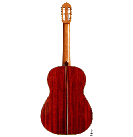The back of a 2012 Andy Culpepper "Coral" flamenco guitar made of spruce and padauk