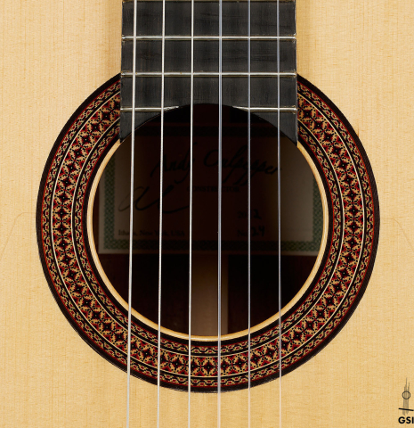 The rosette of a 2012 Andy Culpepper "Coral" flamenco guitar made of spruce and padauk