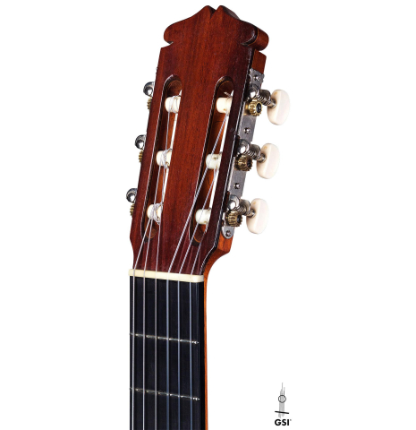 The headstock of a 1966 Manuel de la Chica flamenco guitar made of spruce and cypress