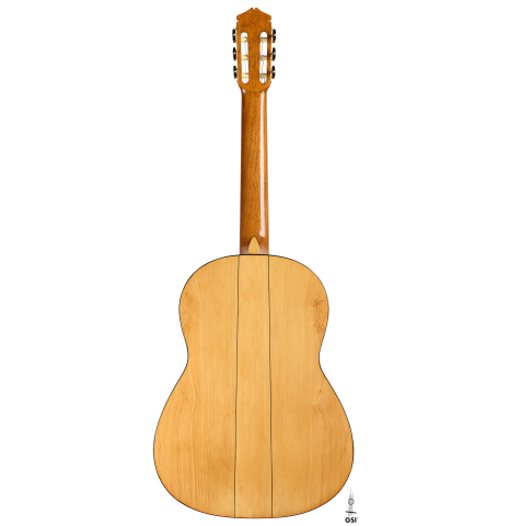 The back of a 1961 Manuel de la Chica flamenco blanca guitar made of spruce and cypress