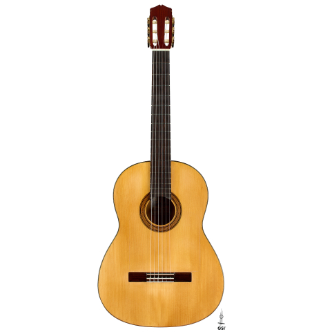 The front of a 1961 Manuel de la Chica flamenco blanca guitar made of spruce and cypress
