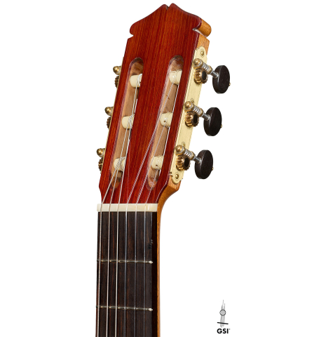 The headstock of a 1961 Manuel de la Chica flamenco blanca guitar made of spruce and cypress
