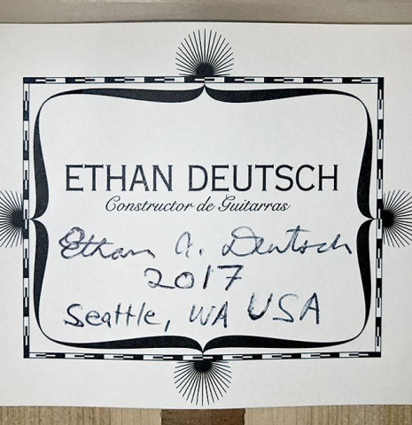 The label of a 2017 Ethan Deutsch flamenco guitar with pegs made with spruce and cypress
