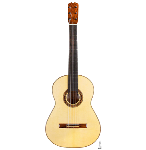 The front of a 2017 Ethan Deutsch flamenco guitar with pegs made with spruce and cypress