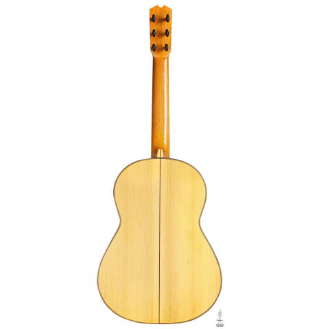 The back of a 2017 Ethan Deutsch flamenco guitar with pegs made with spruce and cypress