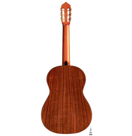 The back of a 1997 Lester DeVoe &quot;Negra&quot; flamenco guitar made of cedar and Indian rosewood
