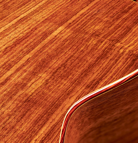 The side and binding of a 1997 Lester DeVoe &quot;Negra&quot; flamenco guitar made of cedar and Indian rosewood
