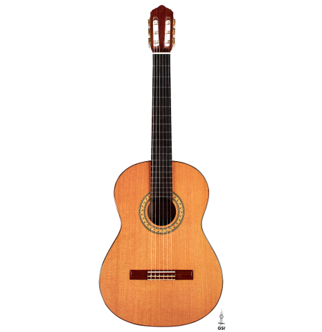 The front of a 1997 Lester DeVoe &quot;Negra&quot; flamenco guitar made of cedar and Indian rosewood