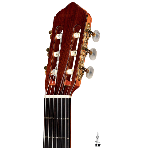 The headstock of a 1997 Lester DeVoe &quot;Negra&quot; flamenco guitar made of cedar and Indian rosewood