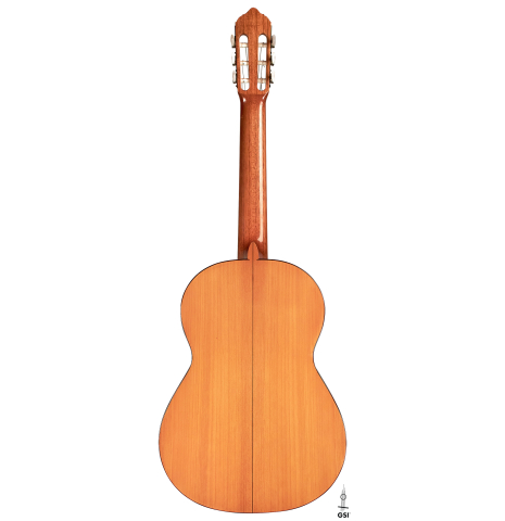 The back of a 1985 Lester DeVoe flamenco guitar made with spruce and cypress.