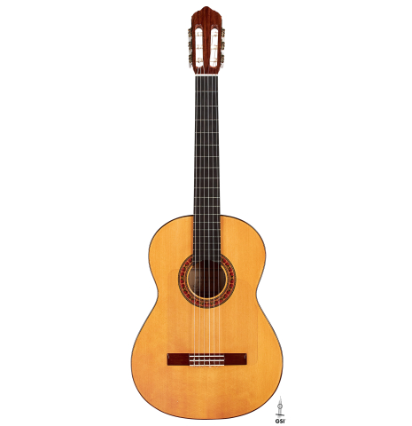 The front of a 1985 Lester DeVoe flamenco guitar made with spruce and cypress.