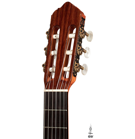 The headstock of a 1985 Lester DeVoe flamenco guitar made with spruce and cypress.