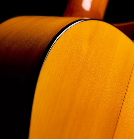 The back and side of a 2012 Lester DeVoe w/pegs flamenco guitar made of spruce and cypress