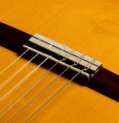 The bridge, tie-block and saddle of a 2012 Lester DeVoe w/pegs flamenco guitar made of spruce and cypress