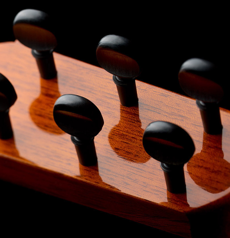 The traditional wooden pegs of a 2012 Lester DeVoe w/pegs flamenco guitar made of spruce and cypress