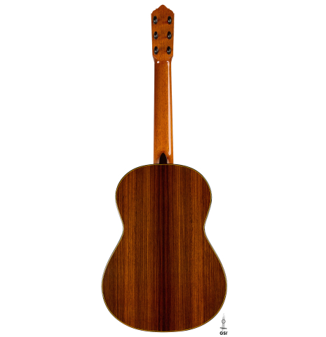 The back of a 2015 Lester DeVoe "Negra" flamenco guitar with pegs made of spruce and Indian rosewood