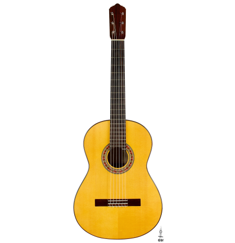 The front of a 2015 Lester DeVoe "Negra" flamenco guitar with pegs made of spruce and Indian rosewood