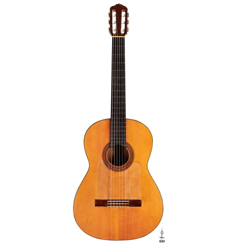 The front of a 1927 Domingo Esteso vintage flamenco guitar made of spruce and cypress