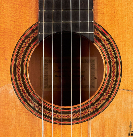 The rosette of a 1927 Domingo Esteso vintage flamenco guitar made of spruce and cypress