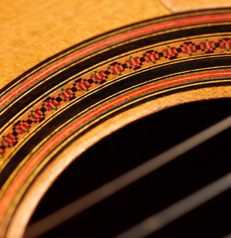 The rosette of a 1927 Domingo Esteso vintage flamenco guitar made of spruce and cypress