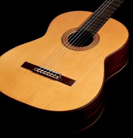 The front of a 1959 Viuda y Sobrinos de Domingo Esteso made by Conde Hermanos with spruce and Indian rosewood.  