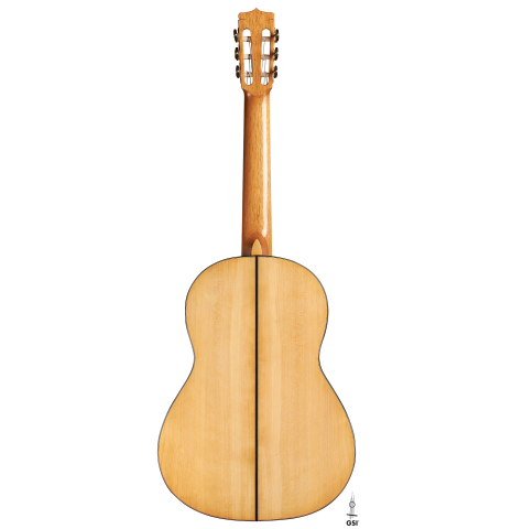 The back of a 2023 Paco Fajardo flamenco guitar made of spruce and cypress