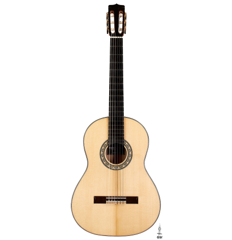 The front of a 2023 Paco Fajardo flamenco guitar made of spruce and cypress