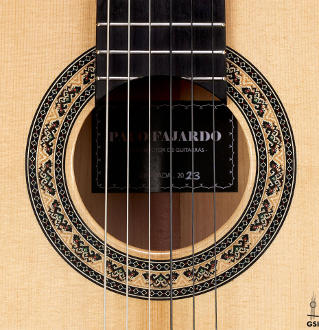 The rosette of a 2023 Paco Fajardo flamenco guitar made of spruce and cypress