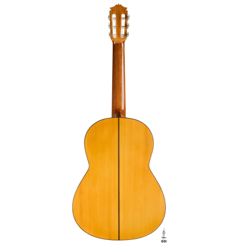 The back of a 1970 Arcangel Fernandez flamenco guitar made of spruce and cypress
