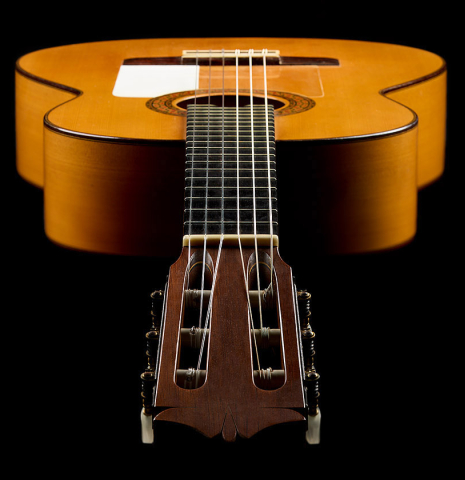 View from the headstock of a 1970 Arcangel Fernandez flamenco guitar made of spruce and cypress