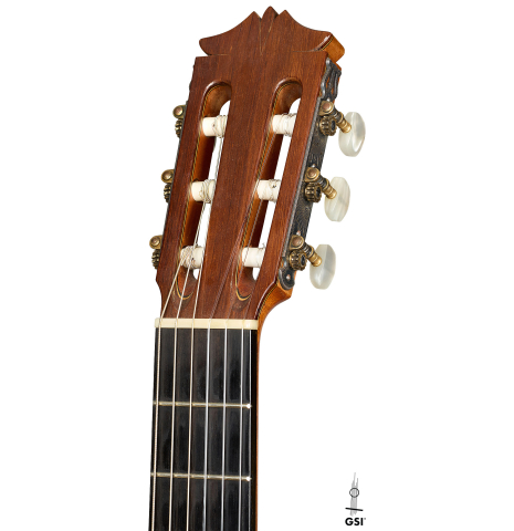 The headstock of a 1970 Arcangel Fernandez flamenco guitar made of spruce and cypress