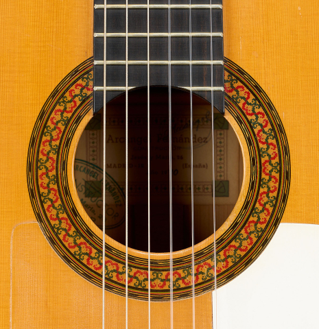 The rosette of a 1970 Arcangel Fernandez flamenco guitar made of spruce and cypress