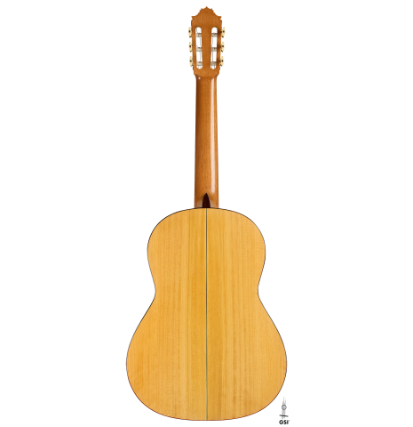 The back of a 2025 Juan Fregenal flamenco guitar made of spruce and cypress