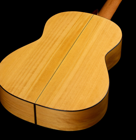 The back and sides of a 2025 Juan Fregenal flamenco guitar made of spruce and cypress