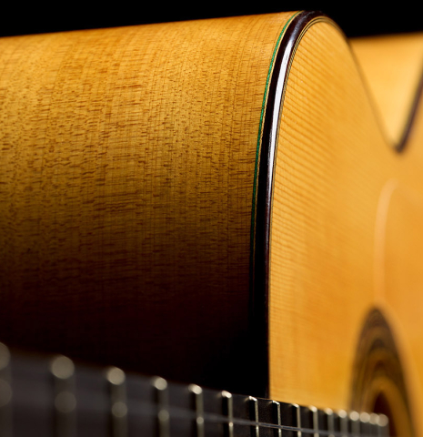 View from the fingerboard of a 2025 Juan Fregenal flamenco guitar made of spruce and cypress