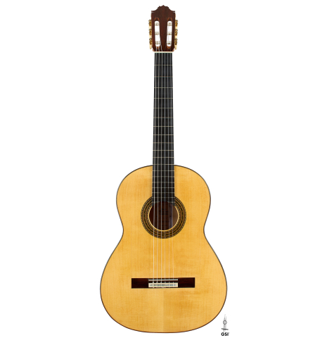The front of a 2025 Juan Fregenal flamenco guitar made of spruce and cypress