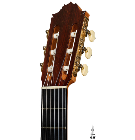The headstock of a 2025 Juan Fregenal flamenco guitar made of spruce and cypress