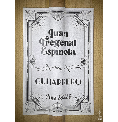 The label of a 2025 Juan Fregenal flamenco guitar made of spruce and cypress