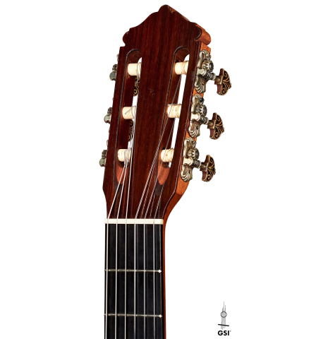 The headstock of a rare 1962 Daniel Friederich "Flamenco blanca" guitar made of spruce and cypress