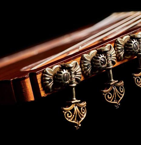 The handmade machine heads of a rare 1962 Daniel Friederich "Flamenco blanca" guitar made of spruce and cypress