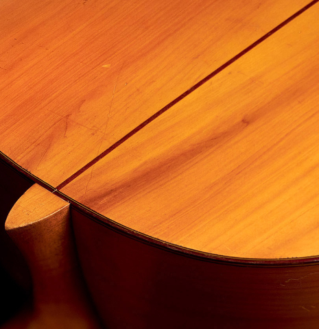 The heel and back of a rare 1962 Daniel Friederich "Flamenco blanca" guitar made of spruce and cypress