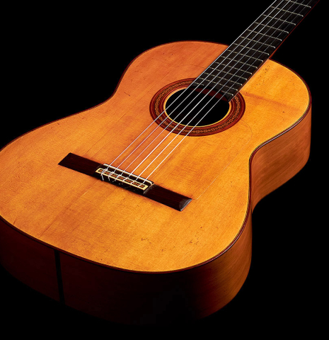 The front of a rare 1962 Daniel Friederich "Flamenco blanca" guitar made of spruce and cypress