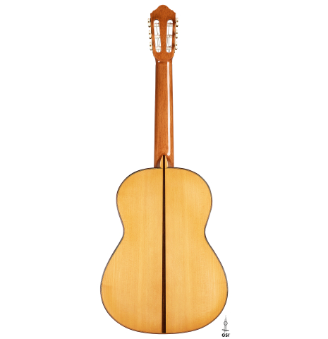 The back of a 2024 Dario Garcia flamenco guitar made of spruce and cypress