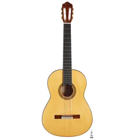 The front of a 2024 Dario Garcia flamenco guitar made of spruce and cypress