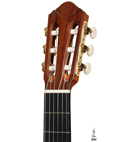 The headstock of a 2024 Dario Garcia flamenco guitar made of spruce and cypress