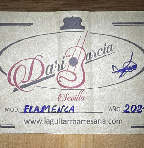 The label of a 2024 Dario Garcia flamenco guitar made of spruce and cypress