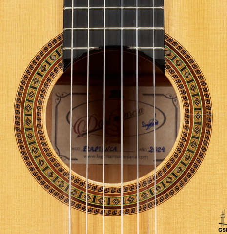 The rosette of a 2024 Dario Garcia flamenco guitar made of spruce and cypress