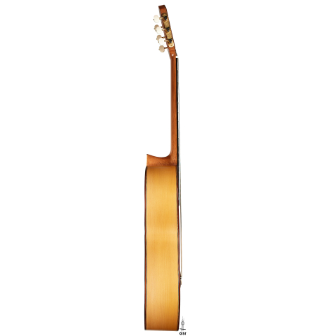 The side of a 2024 Dario Garcia flamenco guitar made of spruce and cypress
